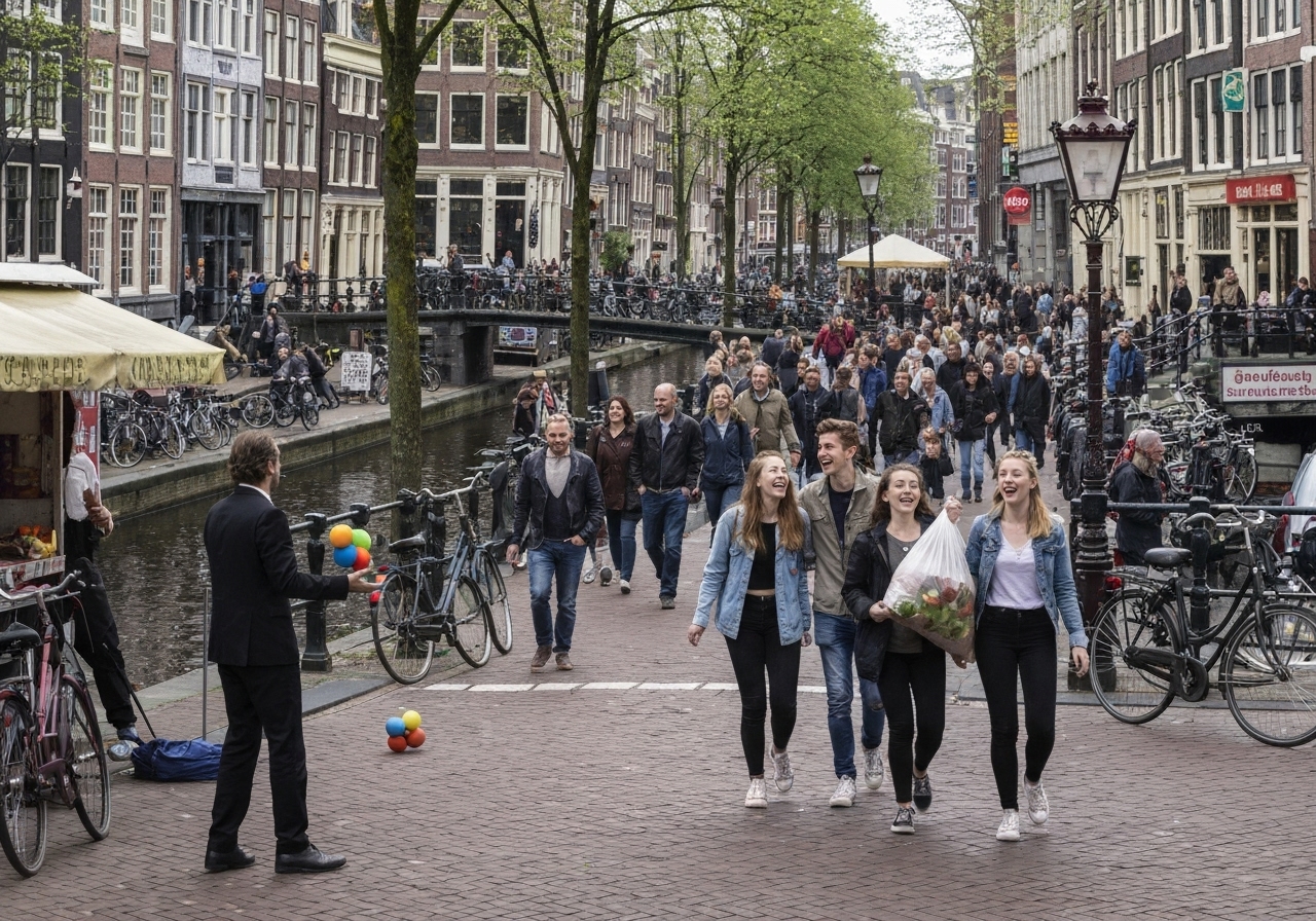 Busy street scene in Amsterdam, Netherlands