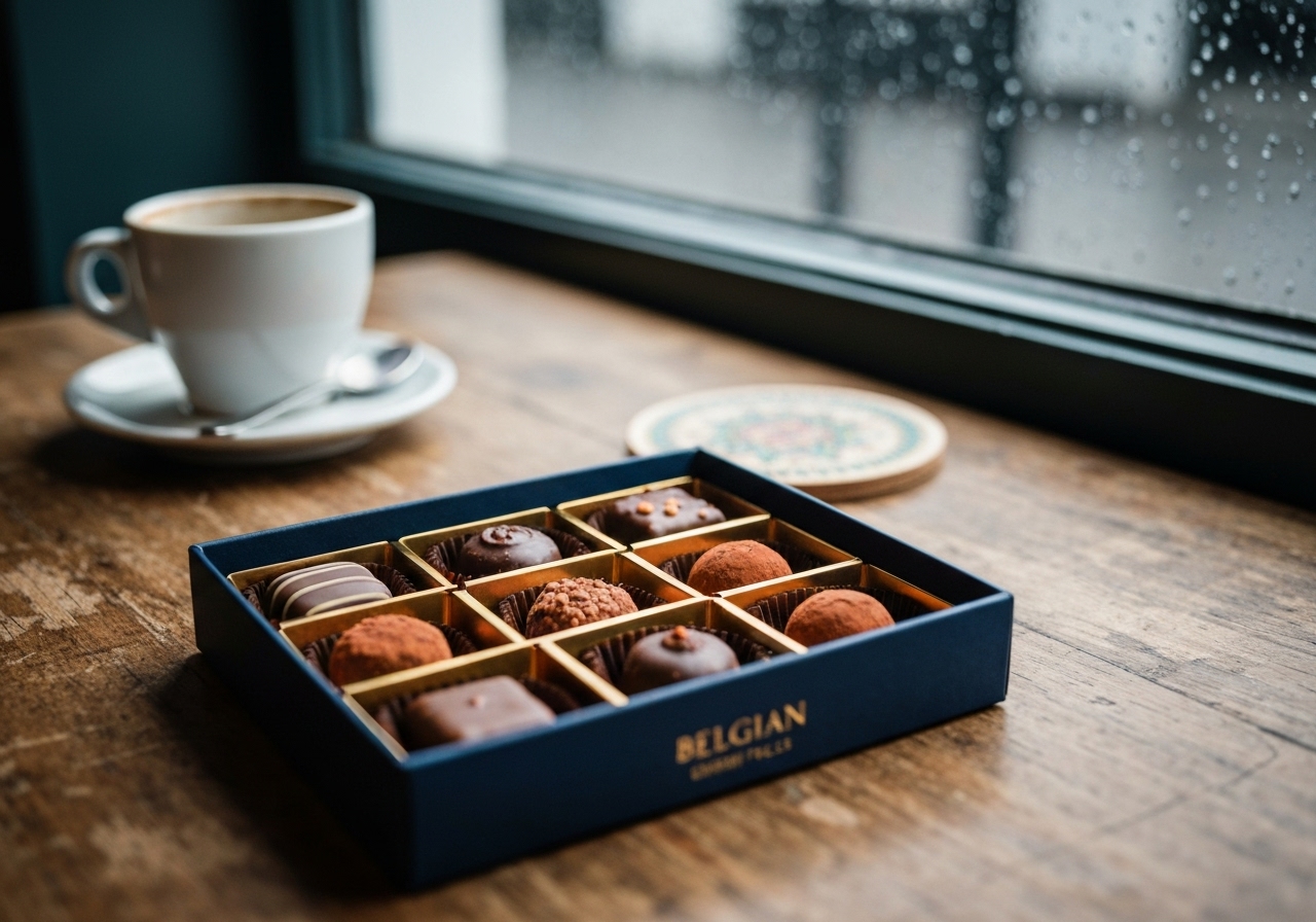 A candid, slightly blurred smartphone photo of a small, elegant box of assorted Belgian pralines and truffles sitting on a café table, with a half-finished coffee cup in the background and a rain-spattered window visible in soft focus