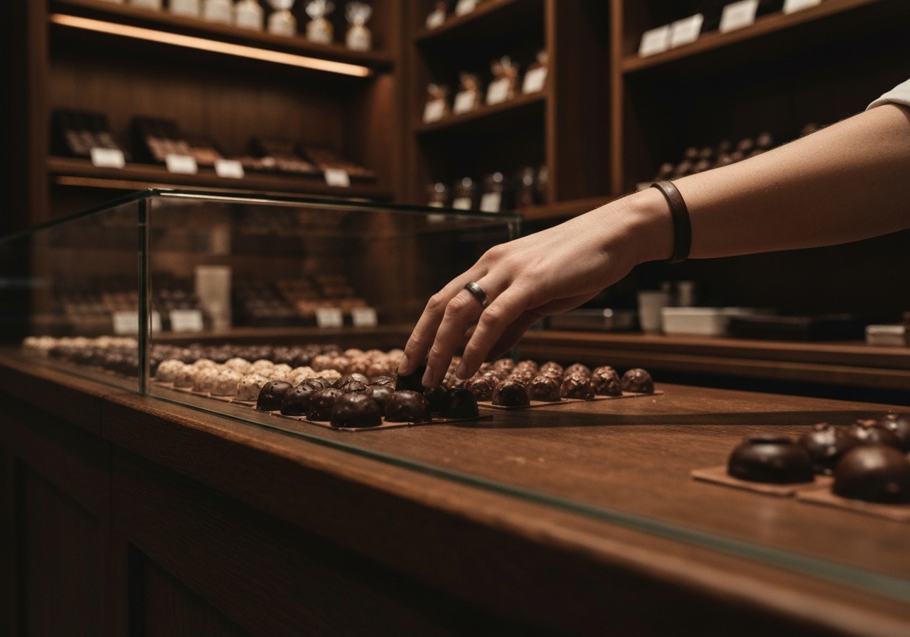 A first-person perspective view from inside a cozy, slightly dark chocolate shop, focused on the elegant but imperfect display case of pralines, with a shop assistant's hand gently placing a chocolate sample on the counter, capturing an authentic moment