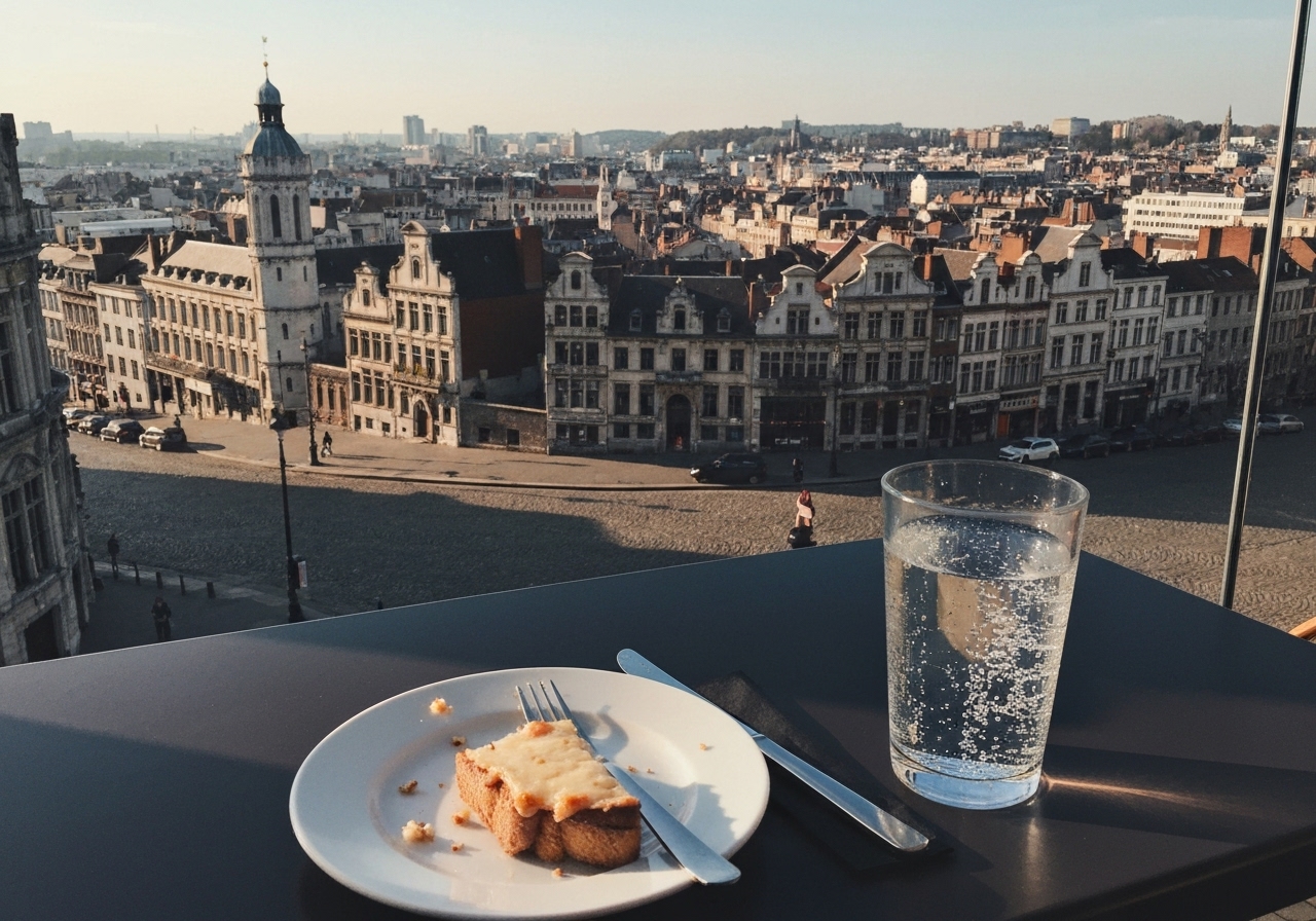 An authentic, slightly tilted smartphone photo taken from a café terrace overlooking the Mont des Arts view. The lower city of Brussels stretches out in the background, a mix of historic and modern architecture. In the foreground, a simple plate with crumbs from a croque monsieur and a glass of sparkling water with condensation beads sits on the table