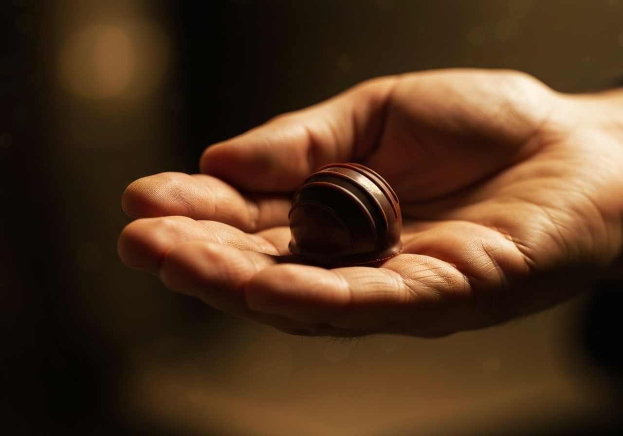 A close-up, slightly out-of-focus shot of a small, open box of artisanal dark chocolates, resting on a café table next to a damp paper bag from a chocolatier. The lighting is soft and natural, capturing the texture of the chocolate and the imperfect, spontaneous feel of a moment captured quickly