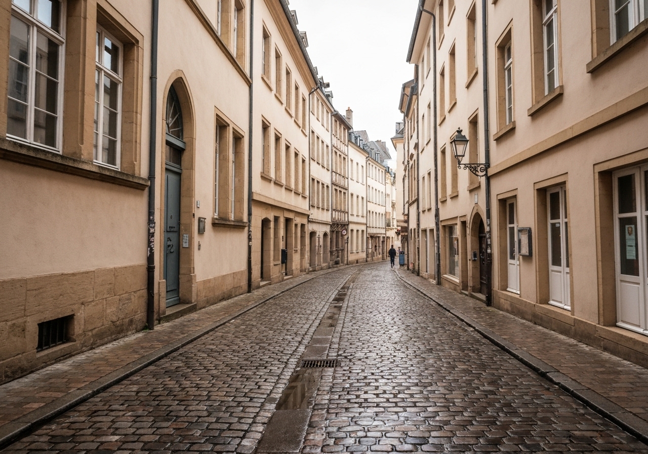 A genuine street-level view walking through old town Luxembourg City, cobblestone streets slightly wet from a recent shower, historic buildings lining the narrow passage, captured casually as if while walking, modern smartphone photography with natural shadows and realistic textures