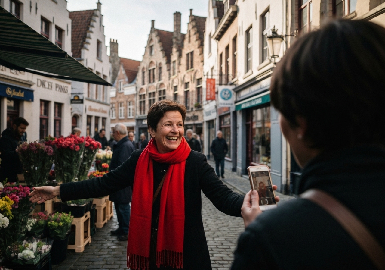 A candid smartphone photo looking down a narrow cobblestone street in Bruges, Belgium, early morning. Sunlight filters between historic step-gabled buildings, casting long shadows. A lone local resident walks away from the camera in the distance. The image feels spontaneous, slightly off-center composition