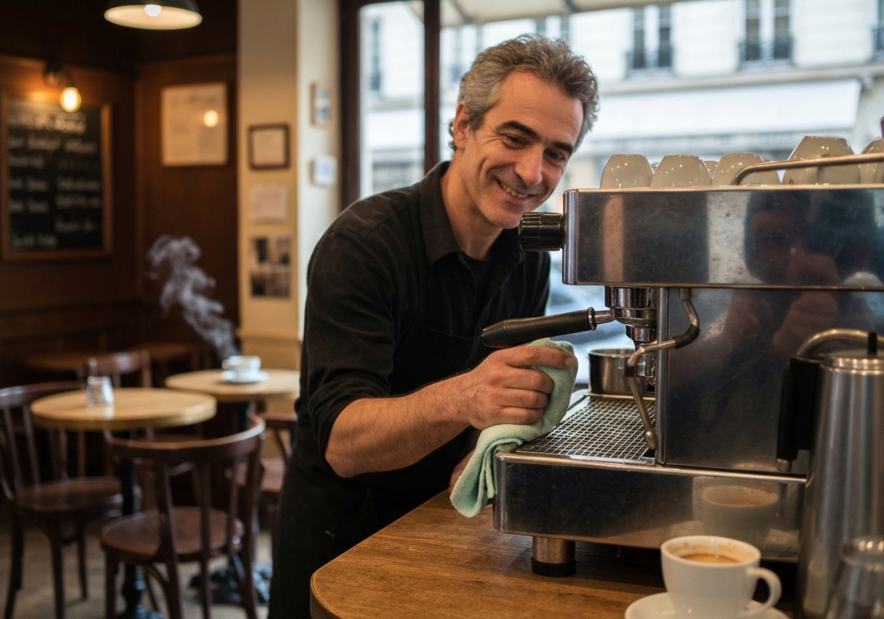 A spontaneous shot of a local Parisian café owner behind the counter, slightly out of focus, wiping the espresso machine during a quiet moment after the morning rush. The scene feels intimate and real, with warm interior lighting contrasting with the gray daylight coming through the window