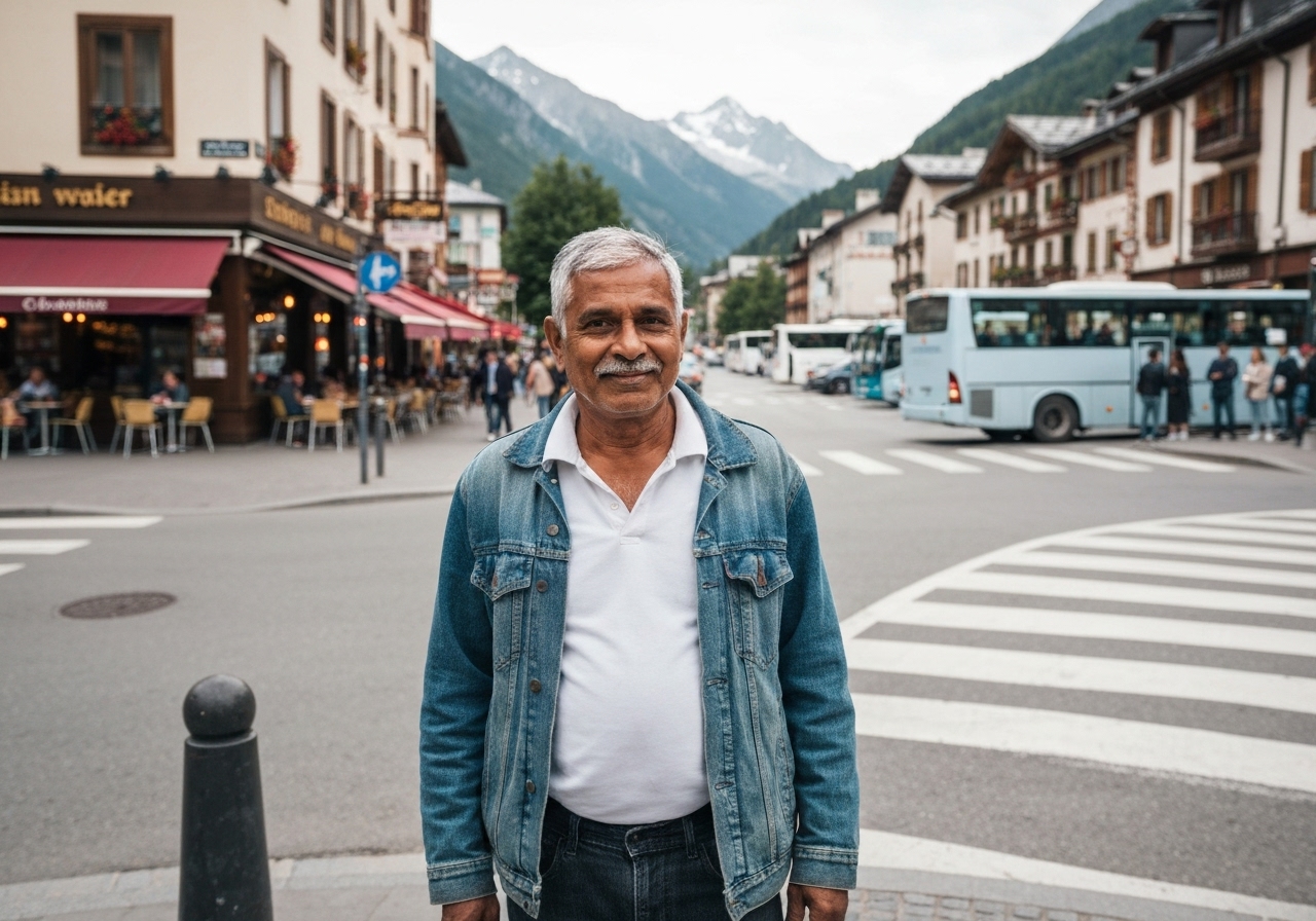 A candid shot from a viewpoint overlooking Chamonix valley, captured on a smartphone. The town is nestled below with cable car stations visible, and mountains rise in the background under a clear, golden morning sky. The photo has the slight blur and imperfect framing of a genuine moment, not a professional shot