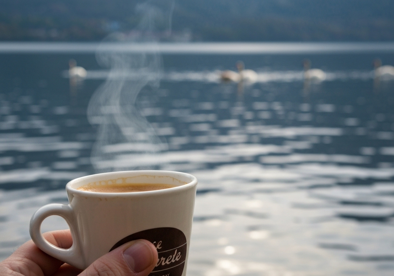 A close-up, authentic photo of a simple coffee cup from a local French café, held in someone's hand. In the background, slightly out of focus, are the calm waters of Lake Annecy and a few distant swans. The focus is on the texture of the cup and the steam, with the beautiful but understated lake as a backdrop. The image feels intimate and unposed