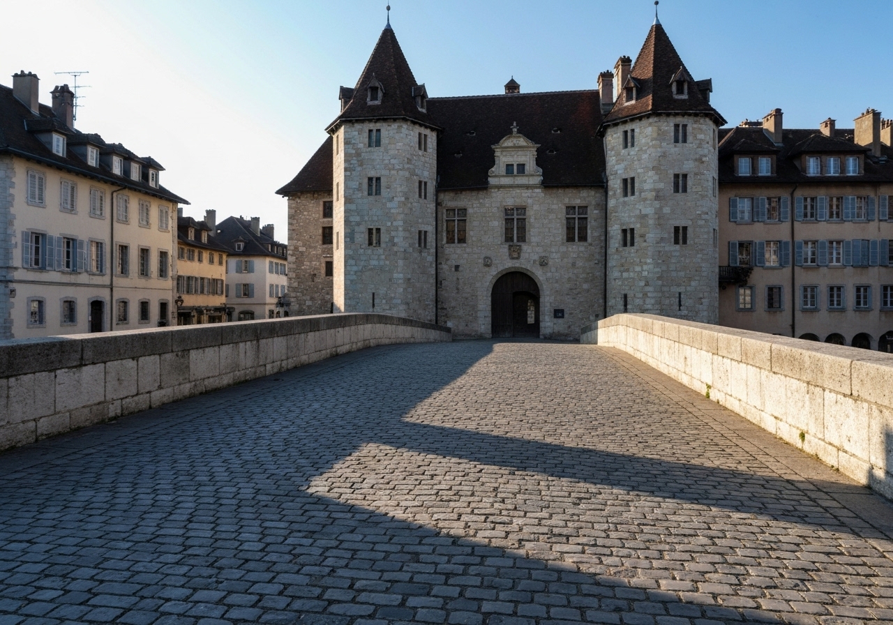 A slightly off-center, real-life shot of the Palais de l'Isle from the bridge in Annecy's old town. The morning sun casts long shadows on the cobblestones and the ancient stone building. The scene is completely empty of other tourists, capturing a rare moment of solitude. The photo has the slightly imperfect, spontaneous feel of being taken quickly on a phone