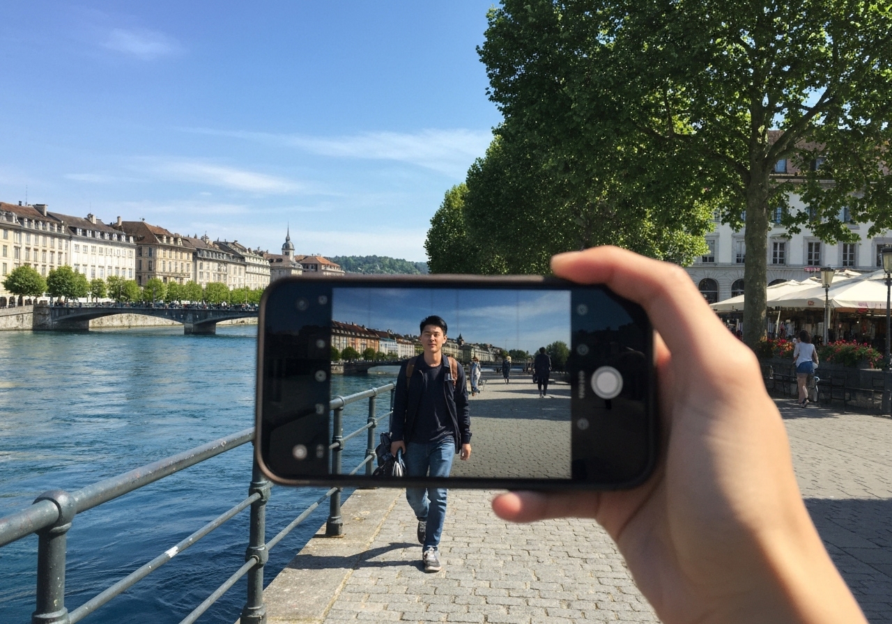 Natural travel moment in Geneva, Switzerland, taken with smartphone, imperfect framing