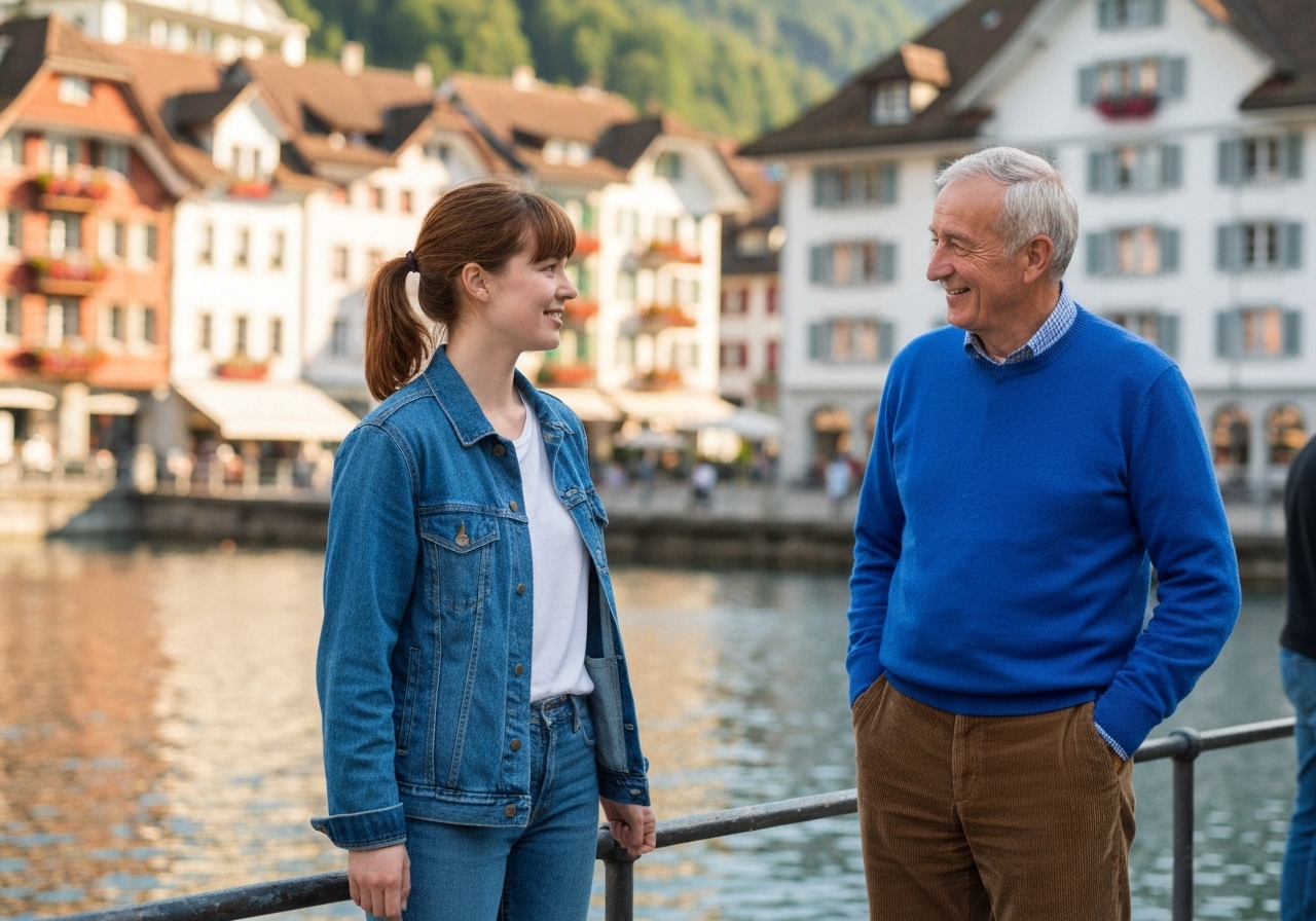 Casual street photography moment in Interlaken, Switzerland, capturing genuine local atmosphere