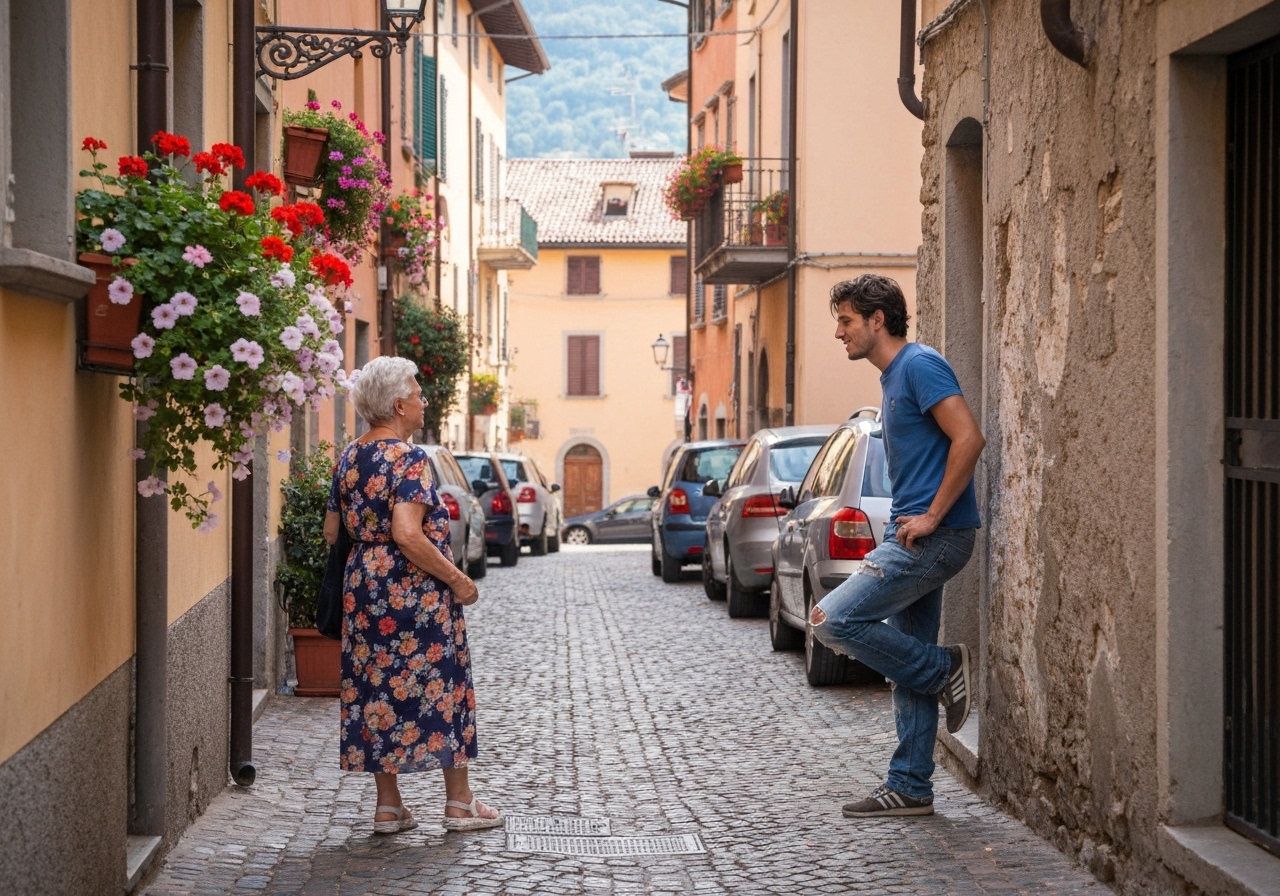 Casual street photography moment in Varenna, Italy, capturing genuine local atmosphere