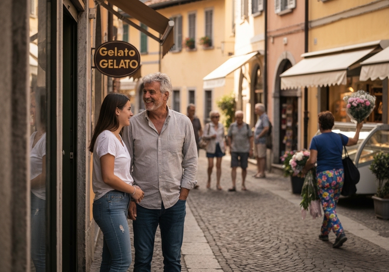 Casual street photography moment in Varenna, Italy, capturing genuine local atmosphere