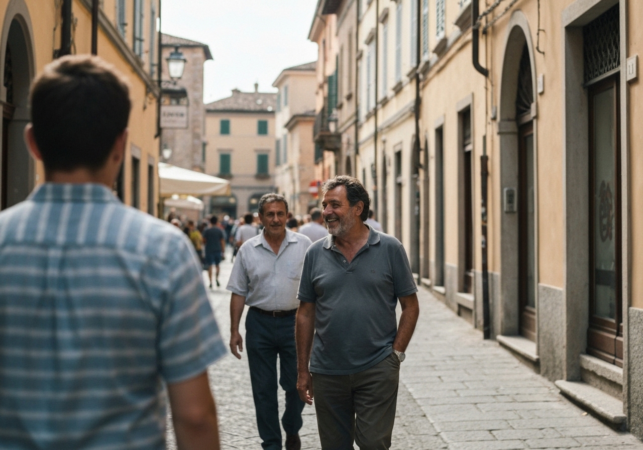Casual street photography moment in Modena, Italy, capturing genuine local atmosphere