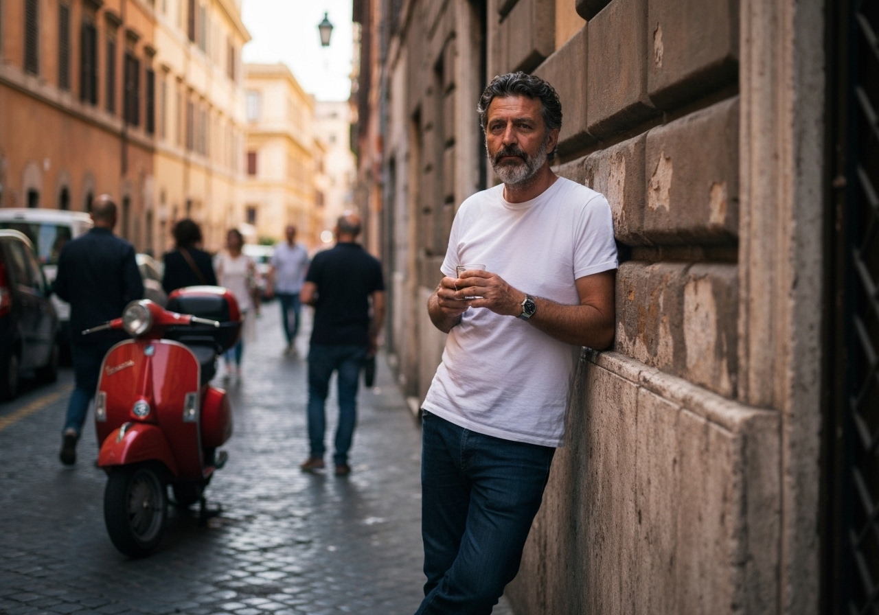 Casual street photography moment in Rome, Italy, capturing genuine local atmosphere