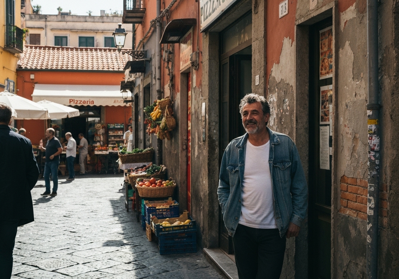 Casual street photography moment in Naples, Italy, capturing genuine local atmosphere