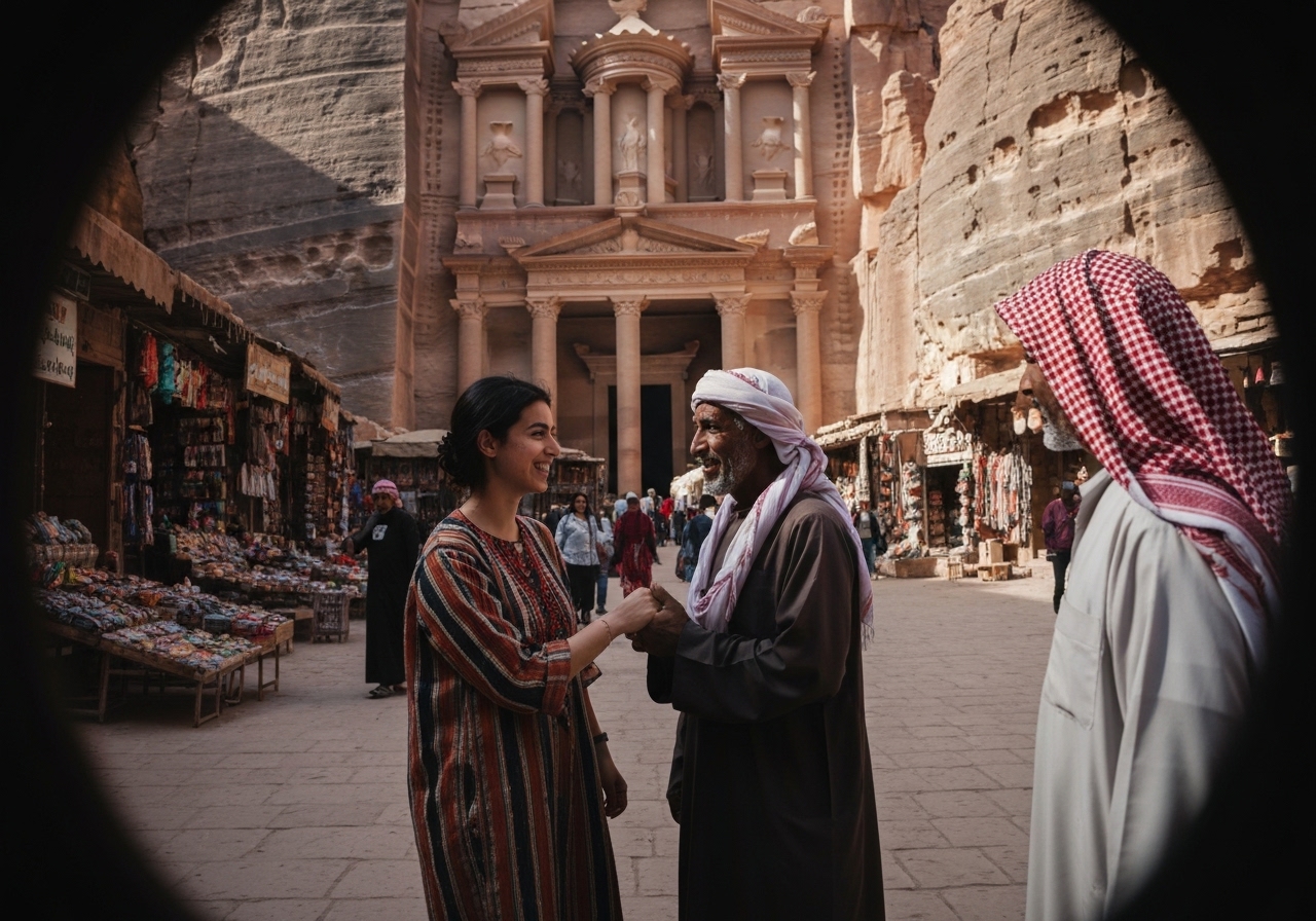 Casual street photography moment in Petra, Jordan, capturing genuine local atmosphere
