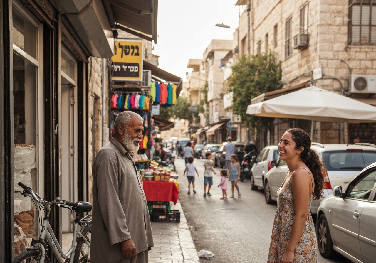 Casual street photography moment in Jerusalem, Israel, capturing genuine local atmosphere