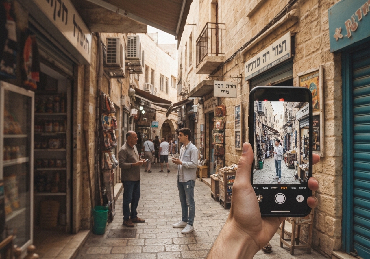 Natural travel moment in Nazareth, Israel, taken with smartphone, imperfect framing
