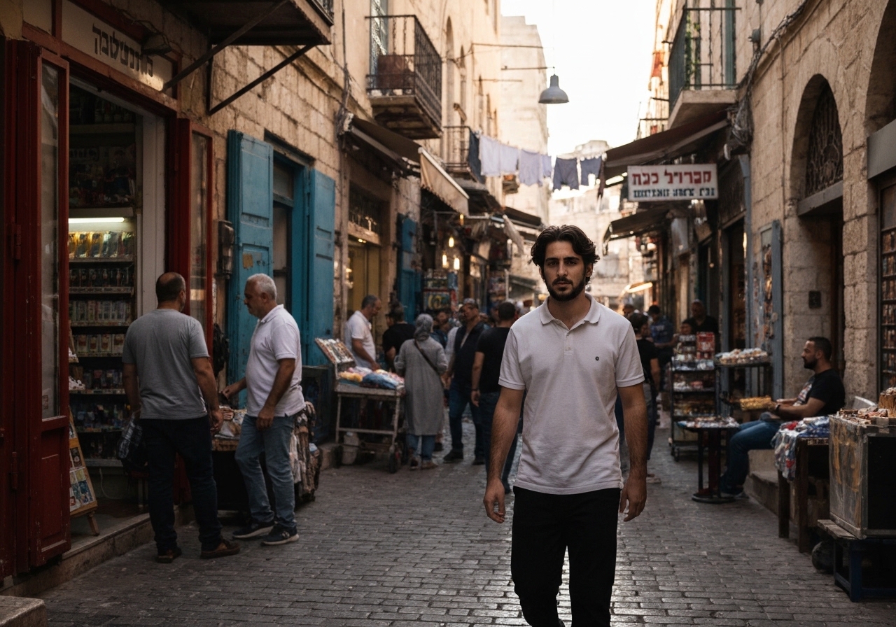 Casual street photography moment in Nazareth, Israel, capturing genuine local atmosphere