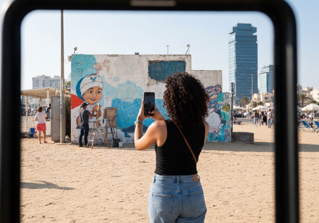 Natural travel moment in Tel Aviv, Israel, taken with smartphone, imperfect framing