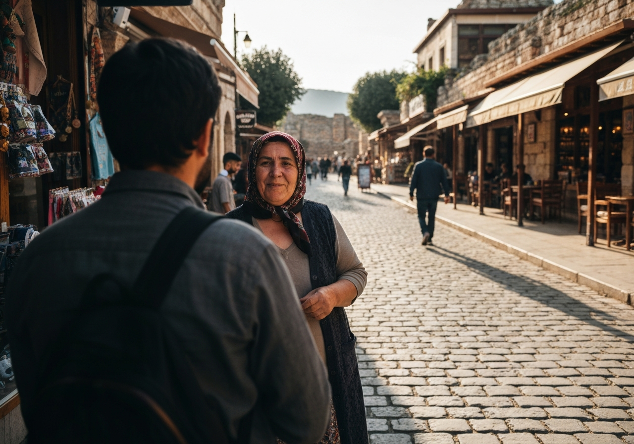Casual street photography moment in Ephesus, Turkey, capturing genuine local atmosphere