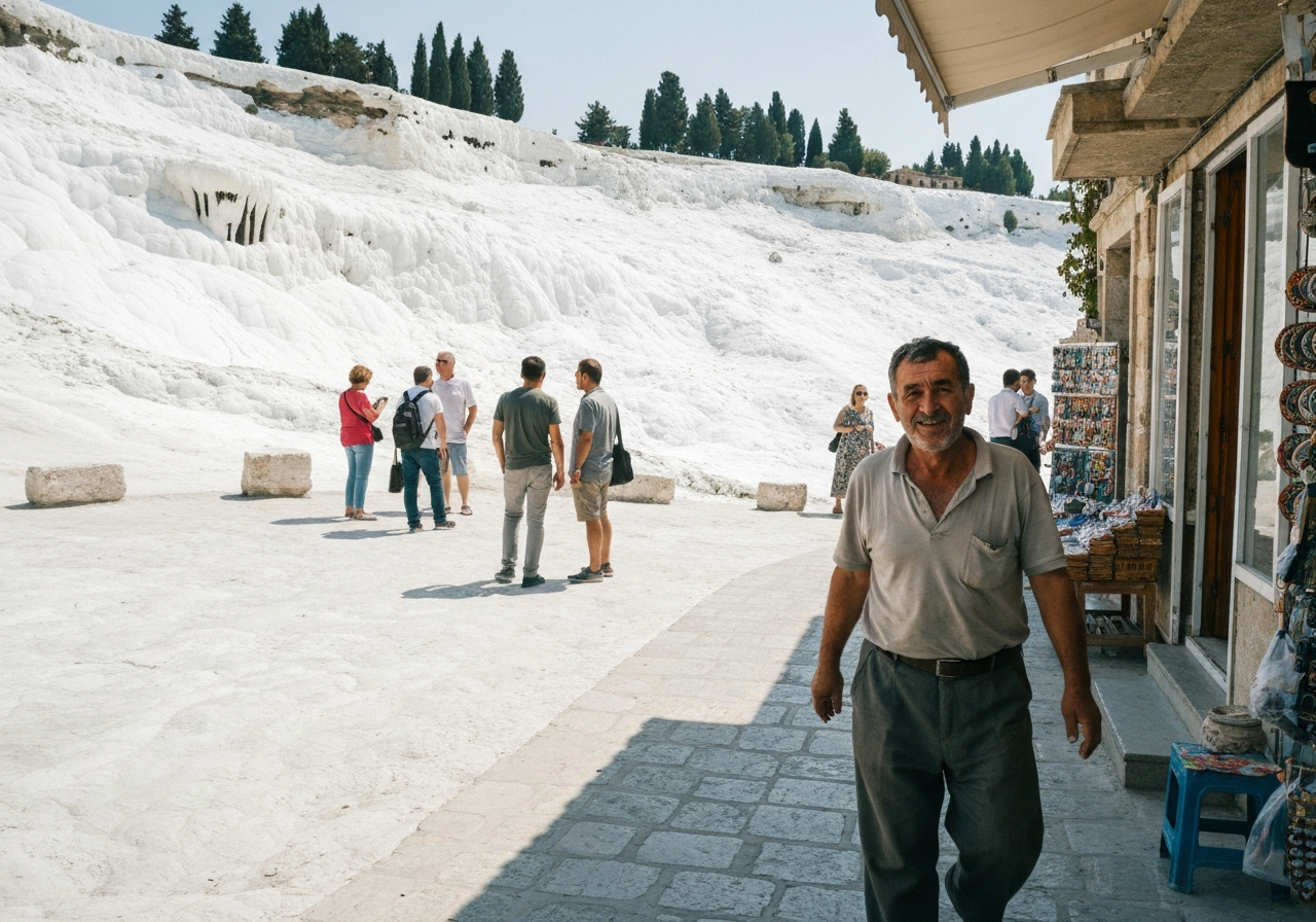 Casual street photography moment in Pamukkale, Turkey, capturing genuine local atmosphere