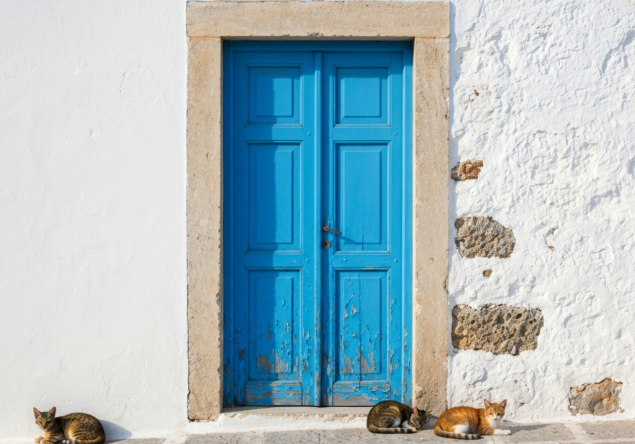 A close-up, authentic photo of a weathered, bright blue wooden door set against a stark white-washed wall in Lindos. A few stray cats might be lounging nearby, and the texture of the peeling paint and rough stone should be visible. The lighting should be natural, as if taken in the afternoon sun, with a shallow depth of field that blurs the background slightly