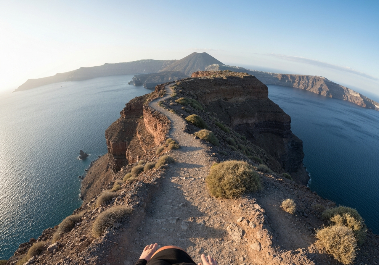 A wide-angle smartphone shot capturing a section of the Fira to Oia hiking path, hugging a dramatic cliff edge. The focus is on the vastness of the caldera and the submerged volcano in the distance. The light is soft, late afternoon sun, highlighting the texture of the volcanic rock and sparse vegetation. The image should feel spontaneous, as if the photographer paused their walk to capture the view