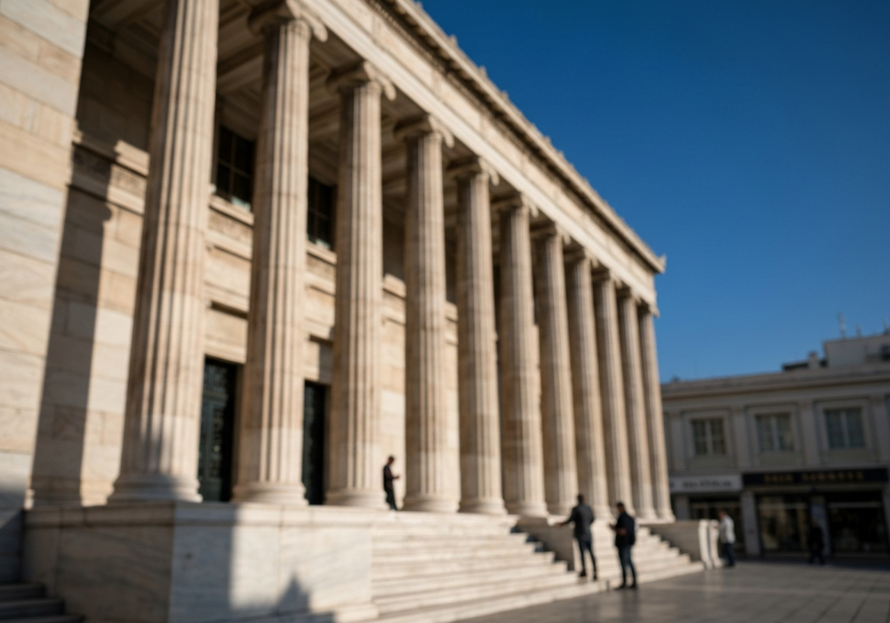 A slightly blurred, candid smartphone photo taken from a low angle, showing the imposing marble columns and grand entrance of the National Archaeological Museum in Athens on a bright, early spring morning. Sunlight is casting strong shadows. The image should feel unposed, with a few early morning pedestrians in the background, perhaps a shop owner opening their shutters. The focus is slightly soft, mimicking a quick snapshot