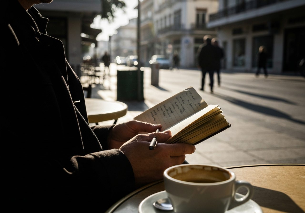 A candid, slightly angled shot taken from a cafe table, showing a person's hands holding a worn notebook and a pen. The notebook is open, with some scribbled notes visible. In the foreground, the edge of a coffee cup and a small table are visible. The background shows a blurred Athenian street with morning sunlight casting long shadows and a few people passing by. The image should feel authentic and unposed, capturing a moment of quiet contemplation