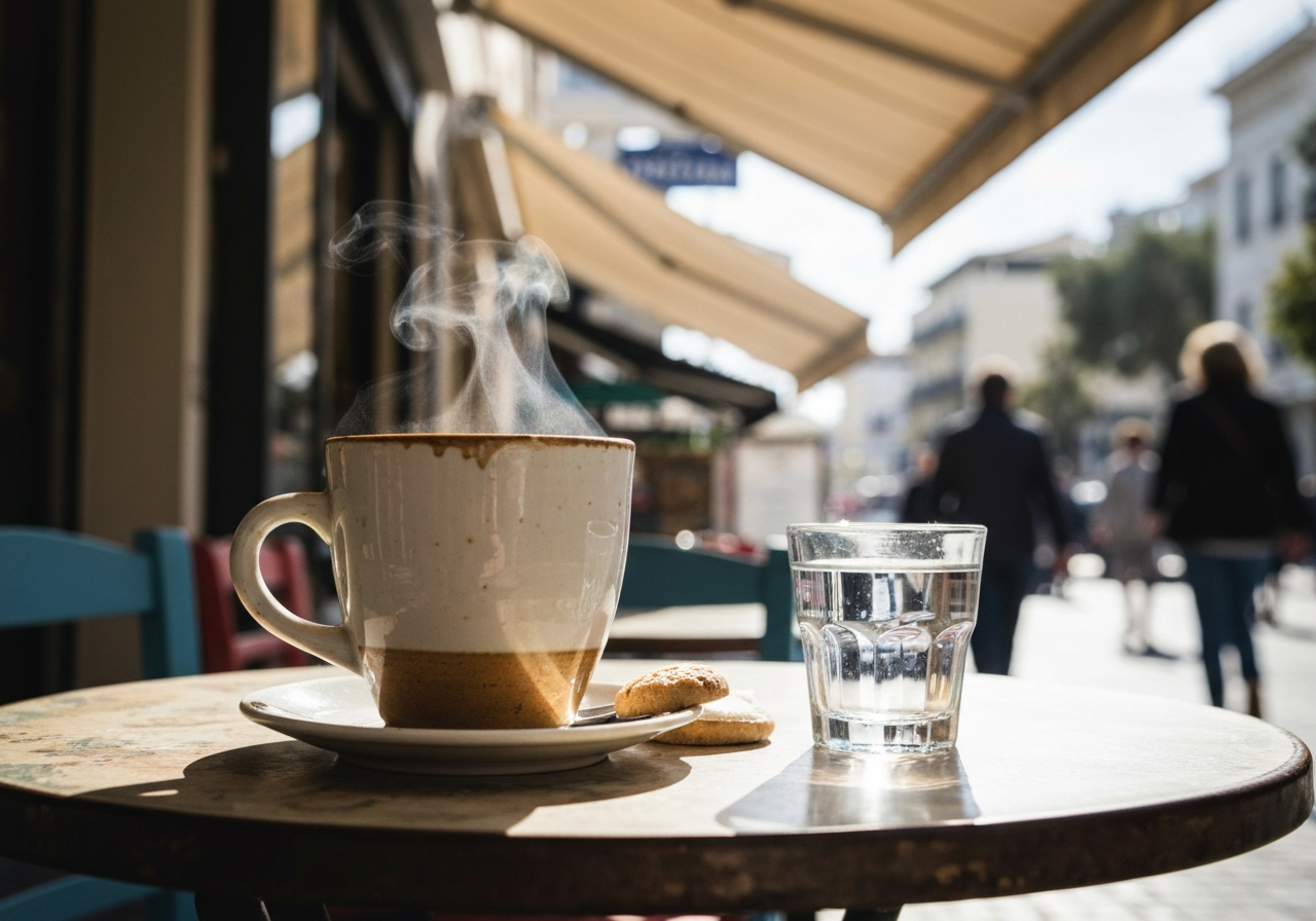 Close-up, slightly shaky smartphone photo of a ceramic cup of Greek coffee on a small, weathered cafe table, a small glass of water and a single cookie beside it. Sunlight catches the steam rising from the coffee. In the background, slightly out of focus, are hints of a bustling Athenian street scene with people walking and cafe awnings. The overall mood is relaxed and observational, with natural lighting and a shallow depth of field